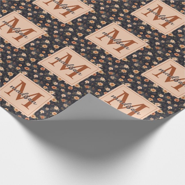 Autumn Dark Moody Terracotta Floral Monogram Name Wrapping Paper (Corner)