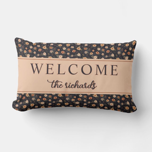 Autumn Dark Moody Terracotta Floral Welcome Home Lumbar Pillow (Front)