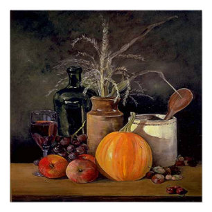 Autumn Decorations on Table, Pumpkin, Fruit, Drink