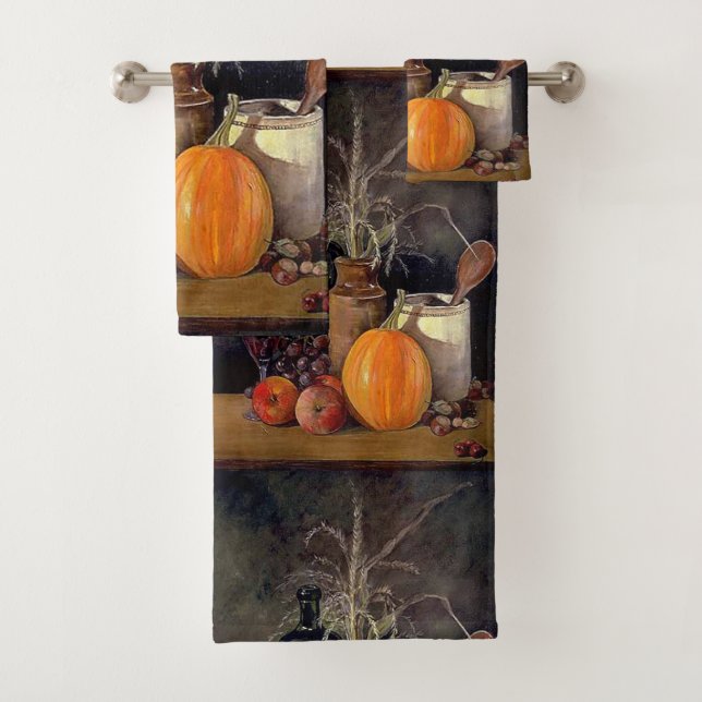 Autumn Decorations on Table, Pumpkin, Fruit, Drink Bath Towel Set (Insitu)