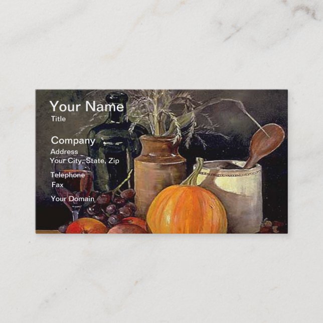 Autumn Decorations on Table, Pumpkin, Fruit, Drink Business Card (Front)