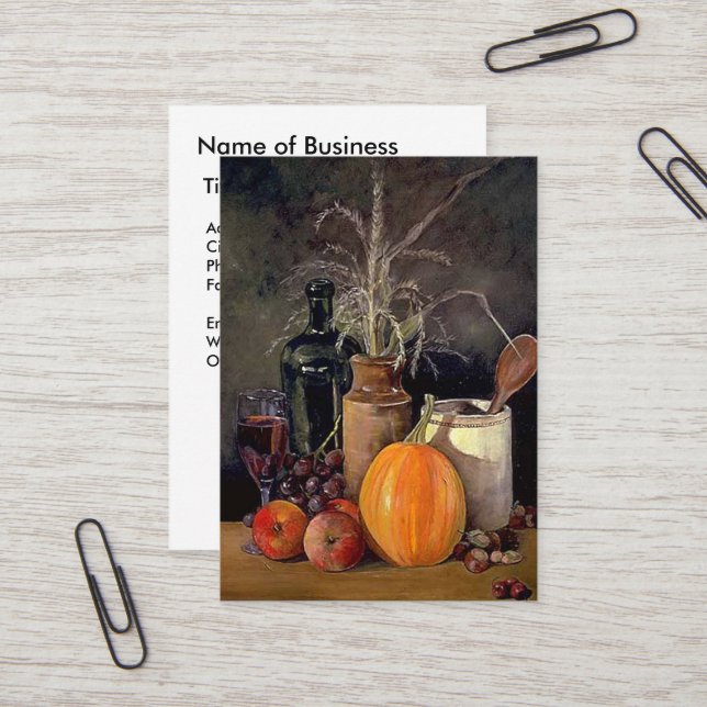 Autumn Decorations on Table, Pumpkin, Fruit, Drink Business Card (Front/Back In Situ)