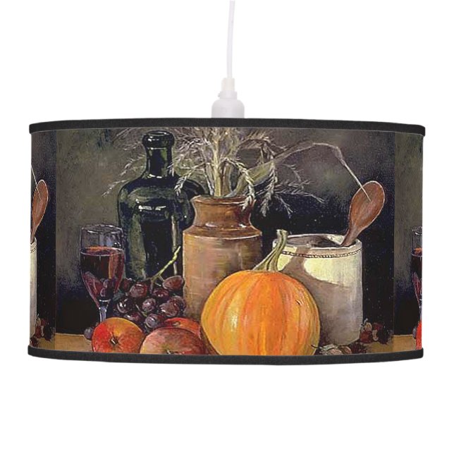 Autumn Decorations on Table, Pumpkin, Fruit, Drink Ceiling Lamp (Front)
