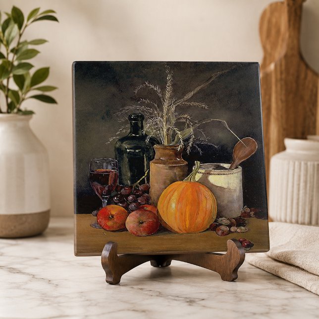 Autumn Decorations on Table, Pumpkin, Fruit, Drink Ceramic Tile (Autumn Decorations on Table, Pumpkin, Fruit, Drink Ceramic Tile)
