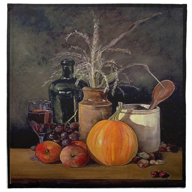 Autumn Decorations on Table, Pumpkin, Fruit, Drink Cloth Napkin (Front)