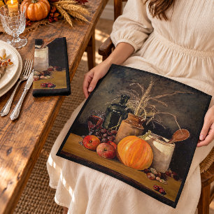 Autumn Decorations on Table, Pumpkin, Fruit, Drink Cloth Napkin
