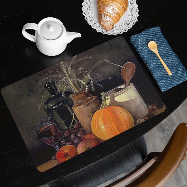 Autumn Decorations on Table, Pumpkin, Fruit, Drink Cloth Placemat (Autumn Decorations on Table, Pumpkin, Fruit, Drink Cloth Placemat)