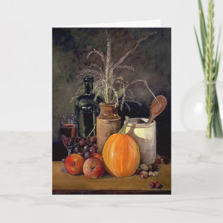 Autumn Decorations on Table, Pumpkin, Fruit, Drink Holiday Card