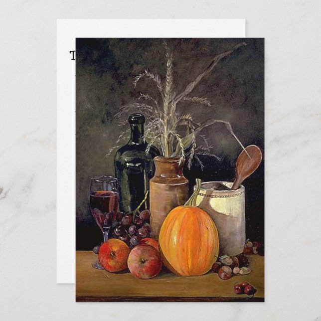 Autumn Decorations on Table, Pumpkin, Fruit, Drink Invitation (Front/Back)