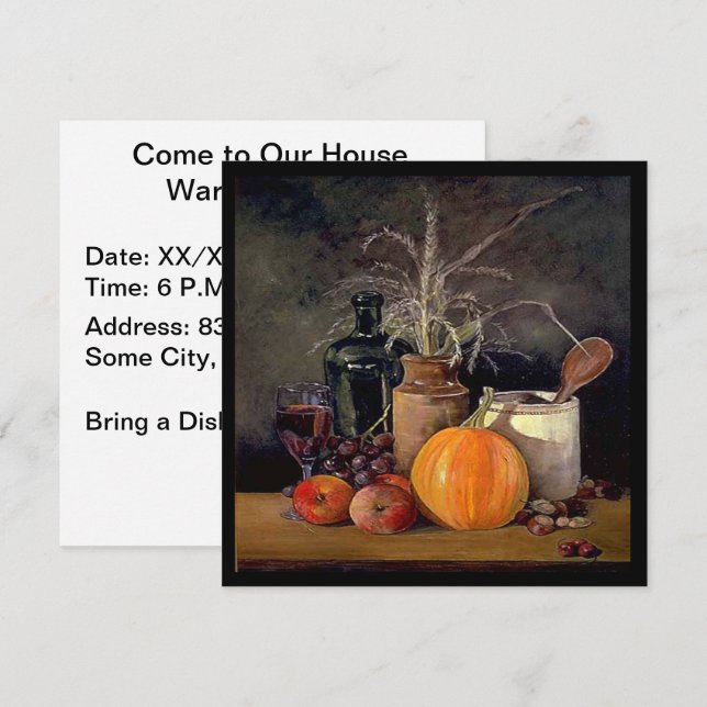 Autumn Decorations on Table, Pumpkin, Fruit, Drink Invitation (Front/Back)