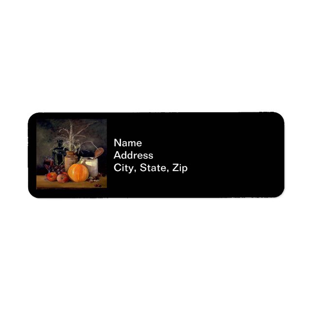 Autumn Decorations on Table, Pumpkin, Fruit, Drink Label (Front)