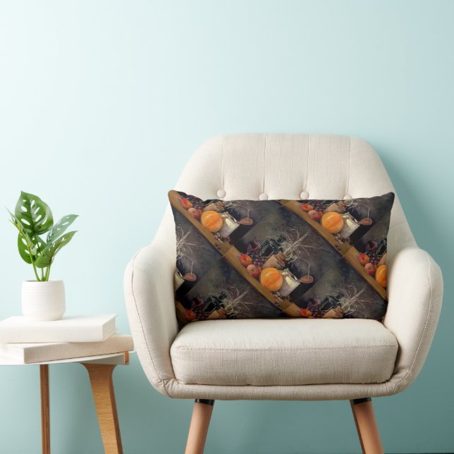 Autumn Decorations on Table, Pumpkin, Fruit, Drink Lumbar Pillow (Chair)