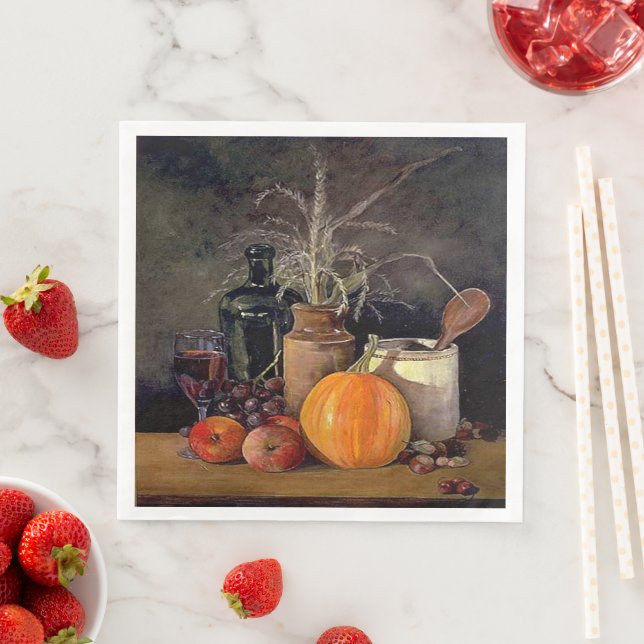 Autumn Decorations on Table, Pumpkin, Fruit, Drink Paper Dinner Napkins (Insitu)