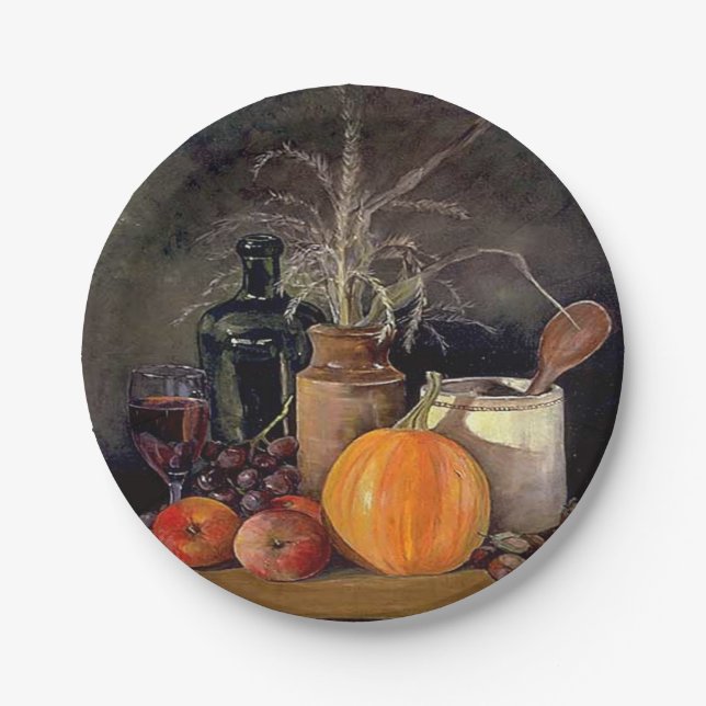 Autumn Decorations on Table, Pumpkin, Fruit, Drink Paper Plates (Front)