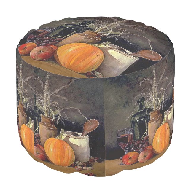 Autumn Decorations on Table, Pumpkin, Fruit, Drink Pouf (Angled Back)