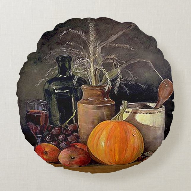Autumn Decorations on Table, Pumpkin, Fruit, Drink Round Pillow (Front)