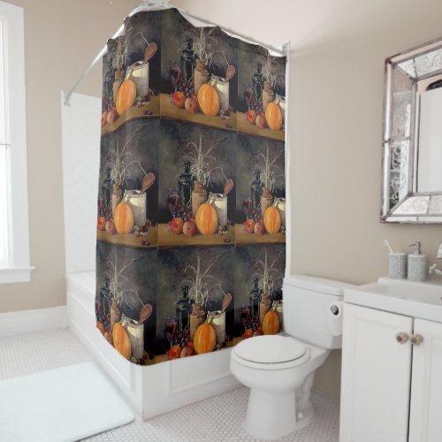 Autumn Decorations on Table Pumpkin Fruit Drink Shower Curtain