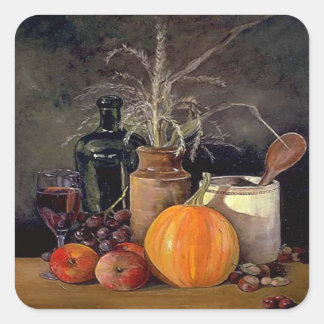Autumn Decorations on Table, Pumpkin, Fruit, Drink Square Sticker