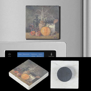 Autumn Decorations on Table, Pumpkin, Fruit, Drink Stone Magnet
