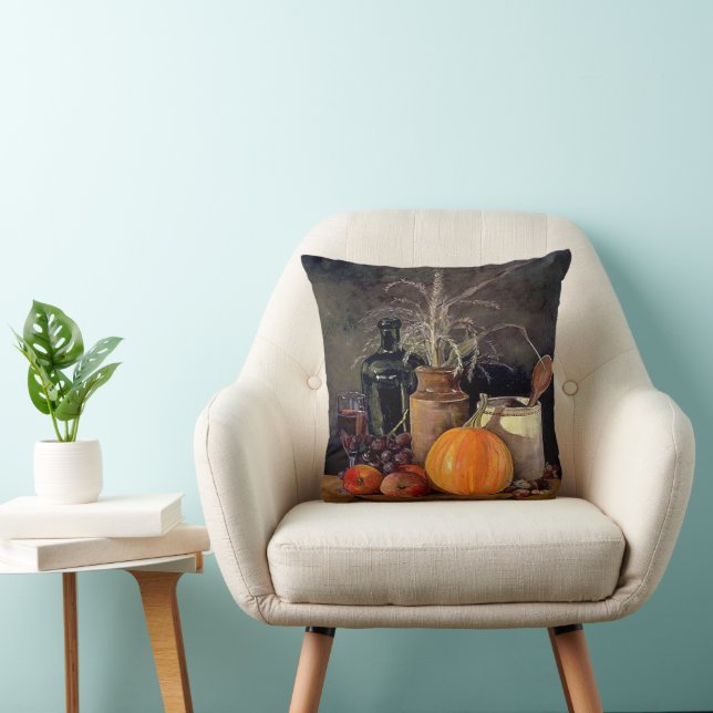 Autumn Decorations on Table, Pumpkin, Fruit, Drink Throw Pillow (Chair)