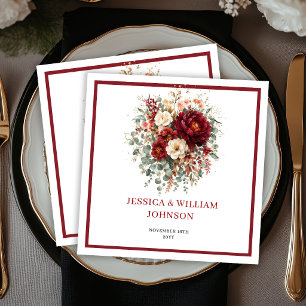 Autumn Deep Red Floral Boho Eucalyptus Wedding Napkins