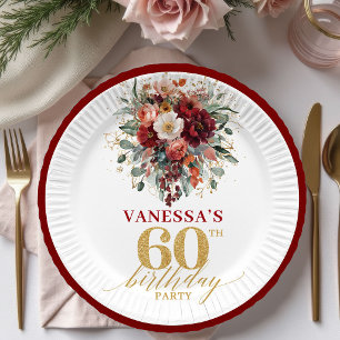 Autumn Deep Red Gold Floral 60th Birthday Paper Pl Plates