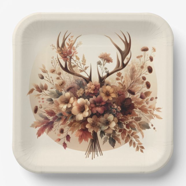 Autumn Deer Antler Bouquet Paper Plates (Front)