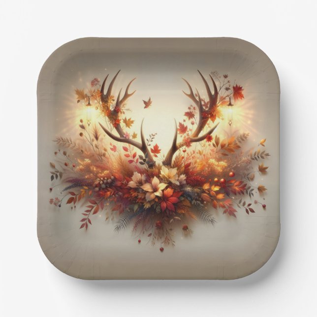 Autumn Deer Antler Bouquet Paper Plates (Front)