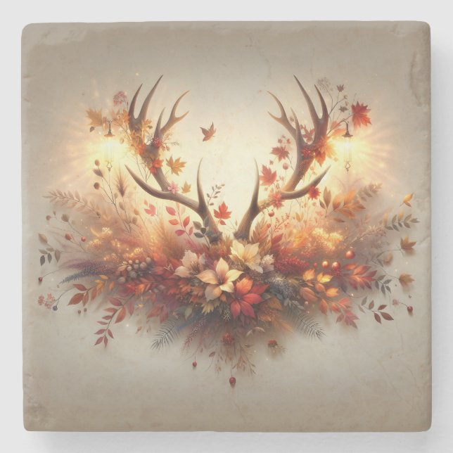 Autumn Deer Antler Bouquet Stone Coaster (Front)