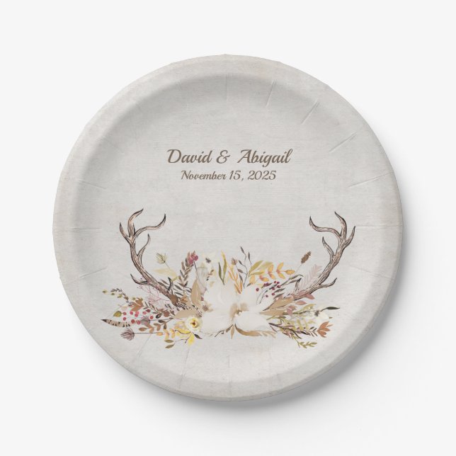 Autumn deer antler wedding paper plates (Front)