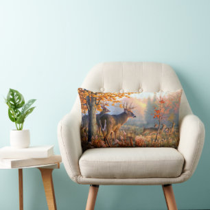 Autumn Deer Bucks n Does Forest Meadow Lumbar Pillow