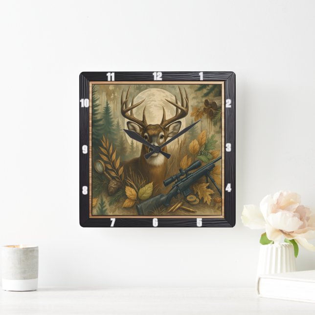 Autumn Deer Hunter's Forest  Square Wall Clock (Home)