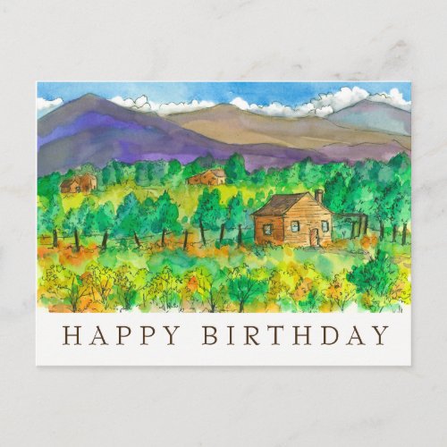Autumn Desert Watercolor Painting Happy Birthday Postcard