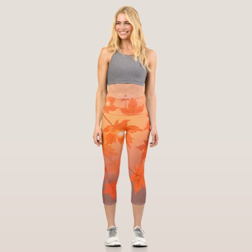 Autumn design with maple leaves and bokeh effect   capri leggings