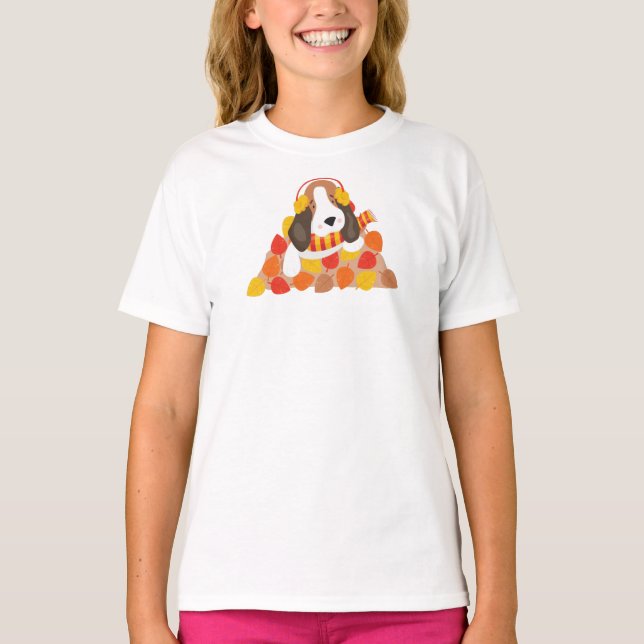 Autumn Dog, Cute Dog, Basset Hound, Autumn Leaves T-Shirt (Front)