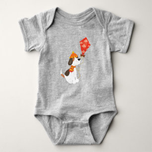 Autumn Dog, Cute Dog, Dog With Kite, Scarf, Hat Baby Bodysuit