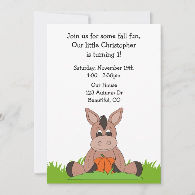 Autumn Donkey 1st Birthday Invitation (Front)