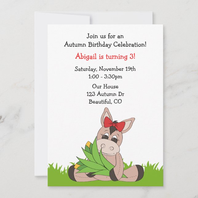 Autumn Donkey Birthday Invitation for Girls (Front)