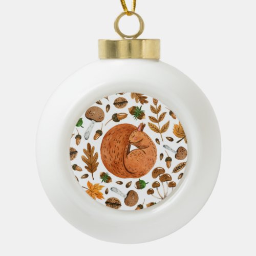 Autumn Dreams Watercolor Squirrel Haven Ceramic Ball Christmas Ornament