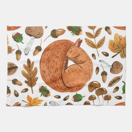 Autumn Dreams Watercolor Squirrel Haven Kitchen Towel
