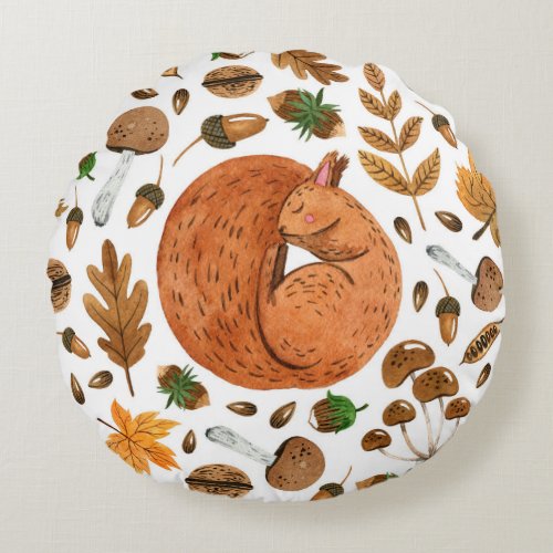 Autumn Dreams Watercolor Squirrel Haven Round Pillow