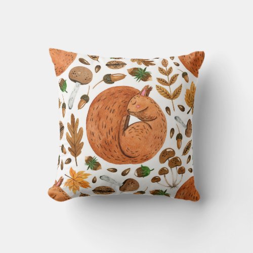 Autumn Dreams Watercolor Squirrel Haven Throw Pillow