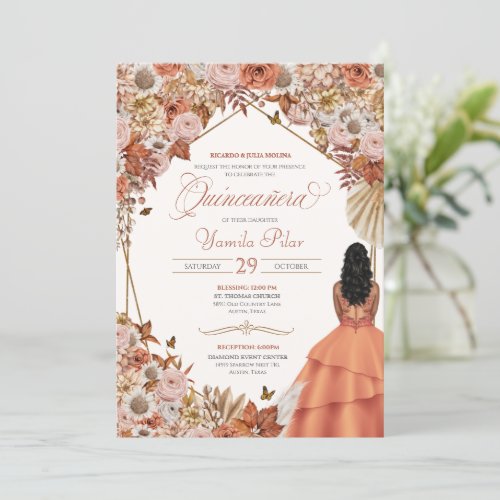 Autumn Dried Floral Fall Leaves Quinceanera Invitation