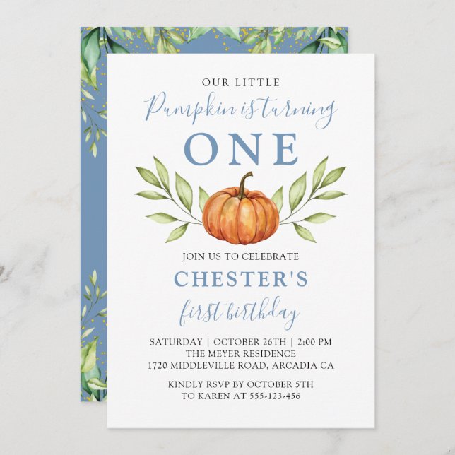 Autumn Dusty Blue Little Pumpkin First Birthday Invitation (Front/Back)