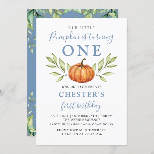 Autumn Dusty Blue Little Pumpkin First Birthday Invitation