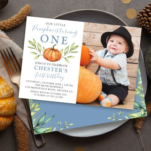 Autumn Dusty Blue Pumpkin 1st Birthday Photo Invitation