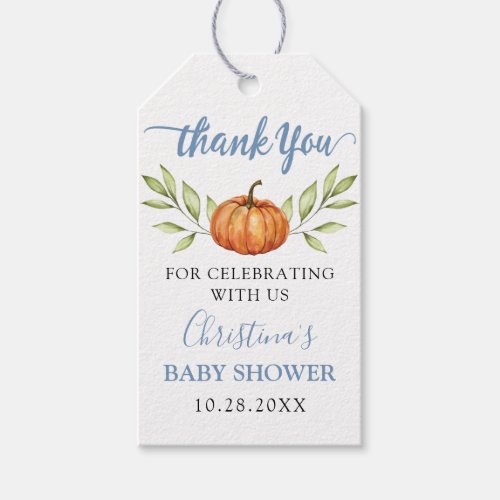 Autumn Dusty Blue Pumpkin Baby Shower Thank You Gift Tags