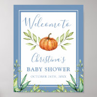 Autumn Dusty Blue Pumpkin Baby Shower Welcome Poster