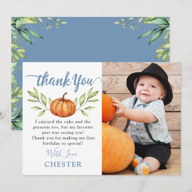 Autumn Dusty Blue Pumpkin Fall Birthday Photo Thank You Card (Front/Back)