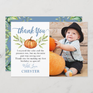 Autumn Dusty Blue Pumpkin Fall Birthday Photo Thank You Card